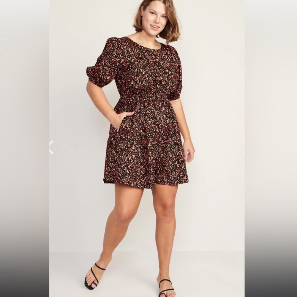 NWT Waist-Defined Puff-Sleeve Floral Cotton-Poplin Mini Dress XXL